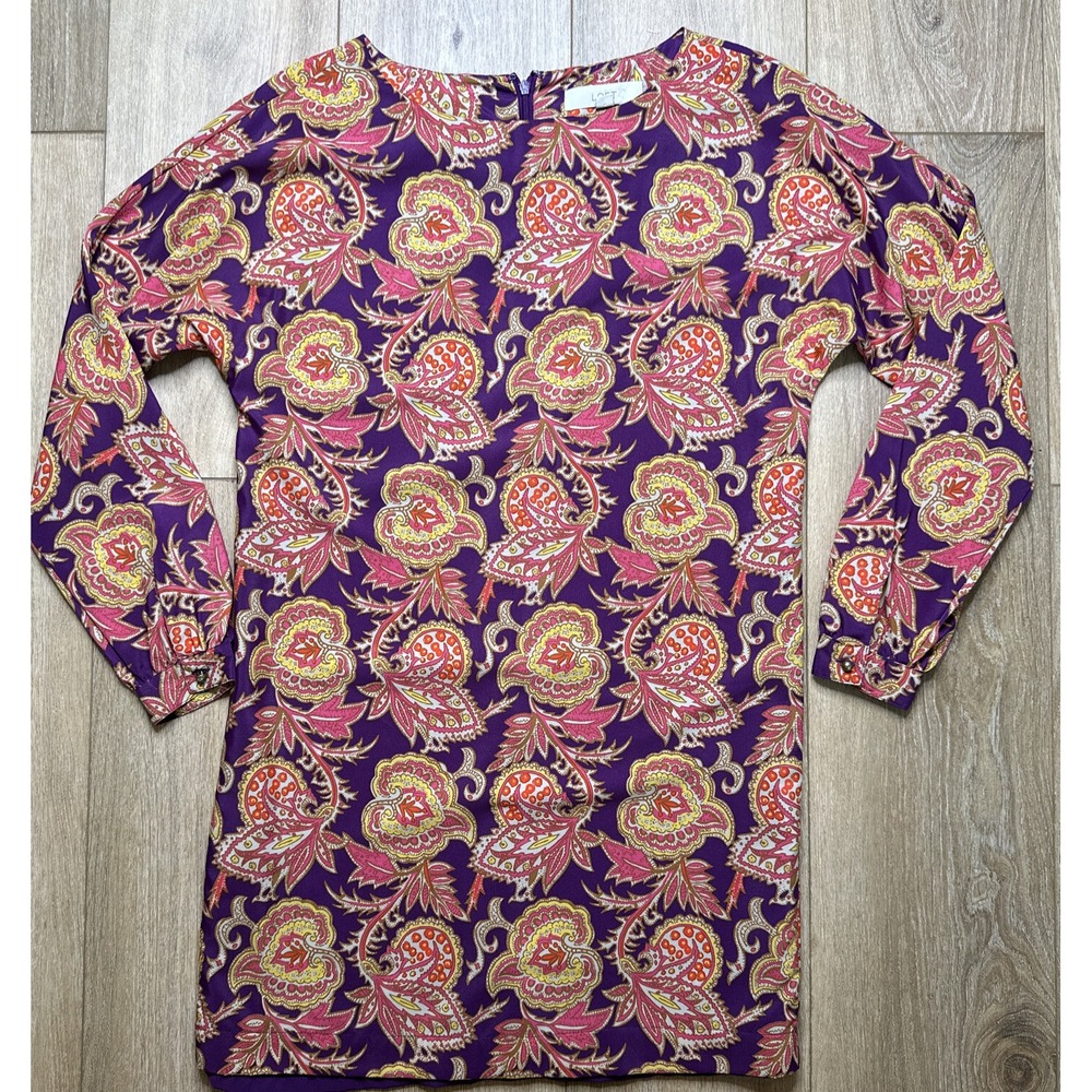 Ann Taylor Loft Dress Womens XS Purple Yellow Pink Paisley‎ Long Sleeve Preowned
